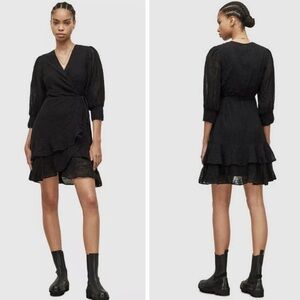 Allsaints Ari Ossia Embroidered Wrap Dress in Black Size US 0